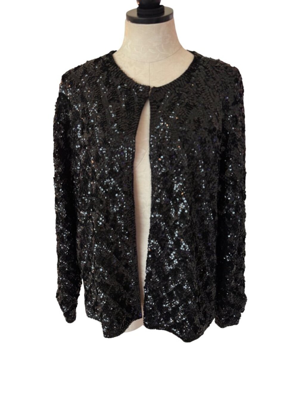 Oriental Womens Allover Black Sequin Jacket Size XL Relaxed Fit Wool Casual Chic